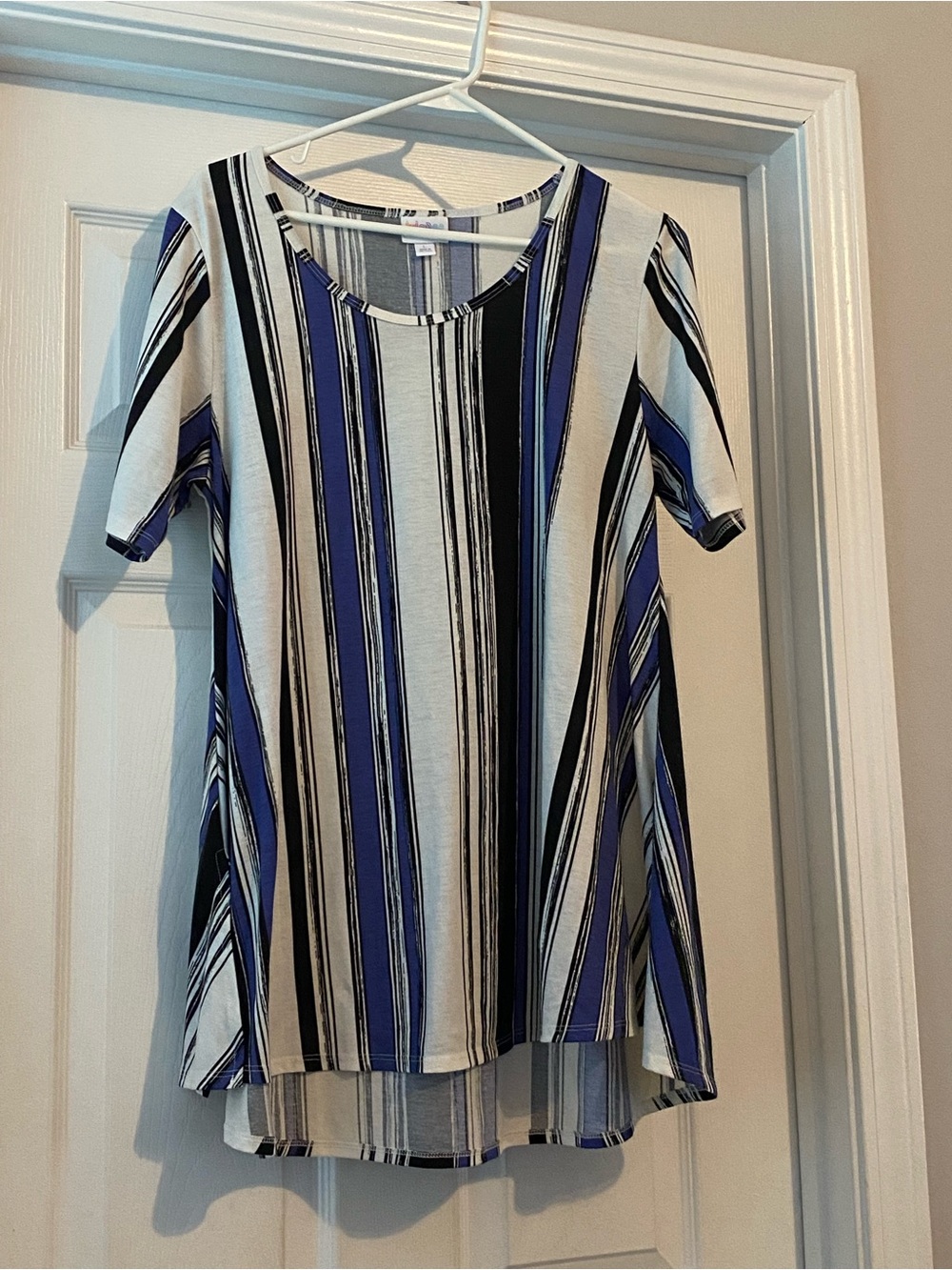 LuLaRoe Short-Sleeve Tunic in Blue, Black and White Stripes